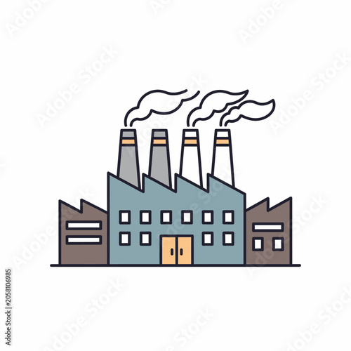 Simplified flat line illustration of an industrial factory building with smokestacks emission