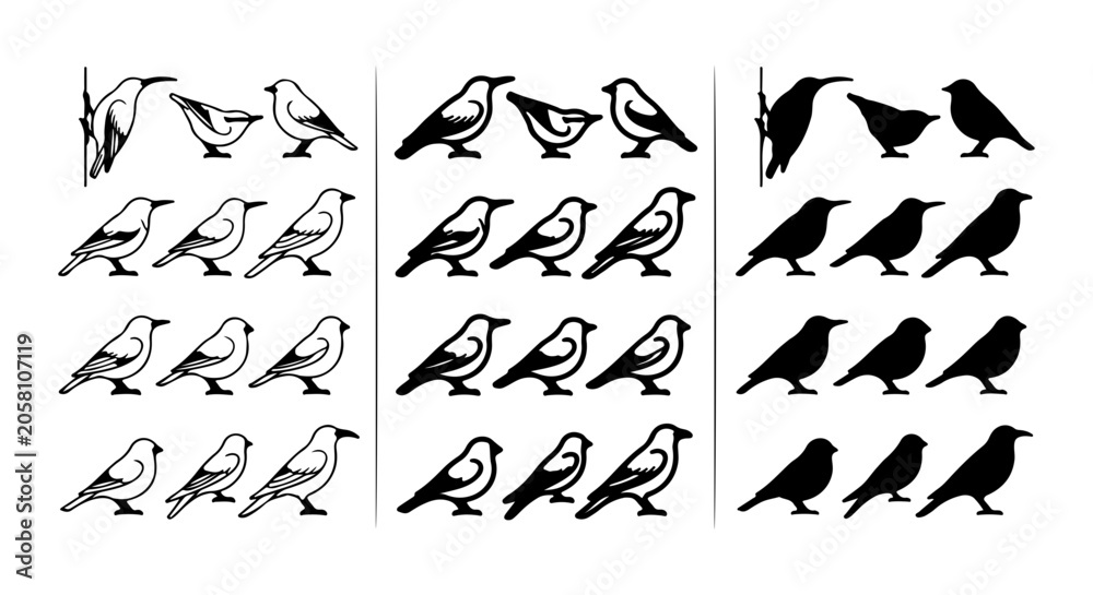 Fototapeta premium Bird icon set outline, solid, silhouette styles, white background, vector Illustration
