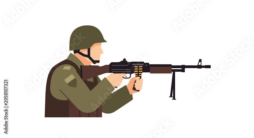 Soldier in uniform aiming a machine gun.