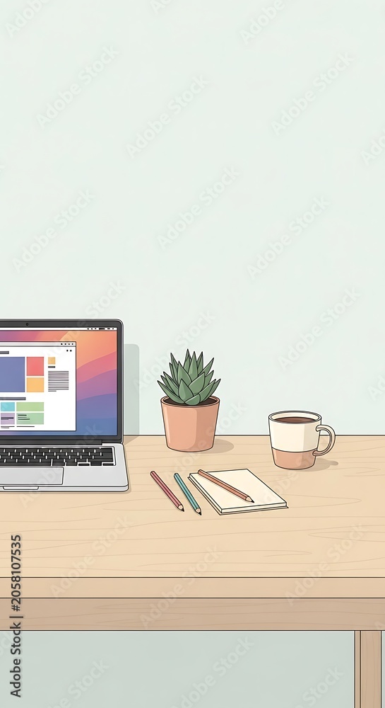 Fototapeta premium Minimalist workspace with modern decor and succulent plant.