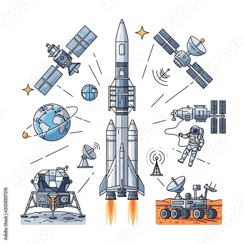 Space exploration technology rocket astronaut satellite and mars rover illustration