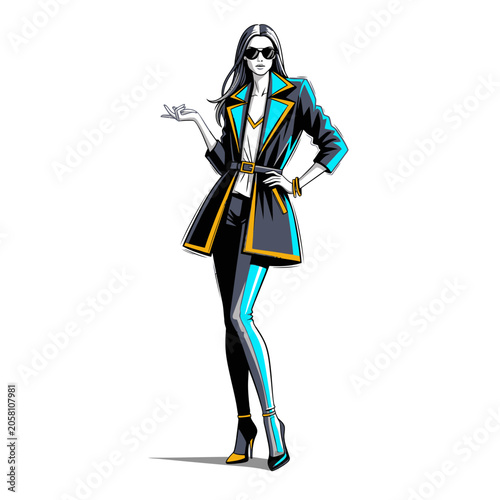 Stylish woman in colorful fashion illustration pose.
