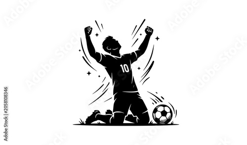 Soccer player kneeling goal celebration silhouette with football vector illustration