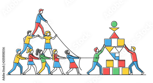 Team building and collaboration illustration with colorful block construction