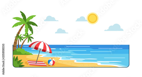 Tropical beach scene with palm trees and ocean view.