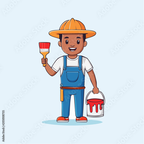 Cartoon Painter Holding Brush and Paint Bucket