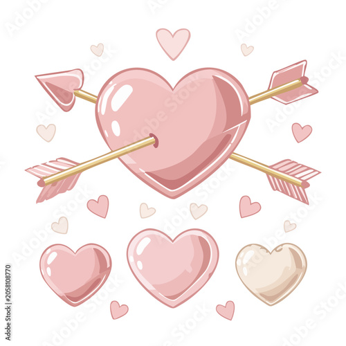 Cartoon heart pierced by arrows with scattered hearts