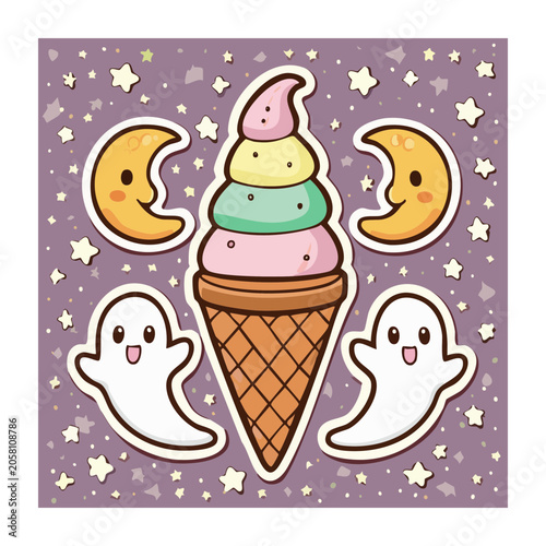 Cute cartoon ice cream with ghosts and moons on purple background