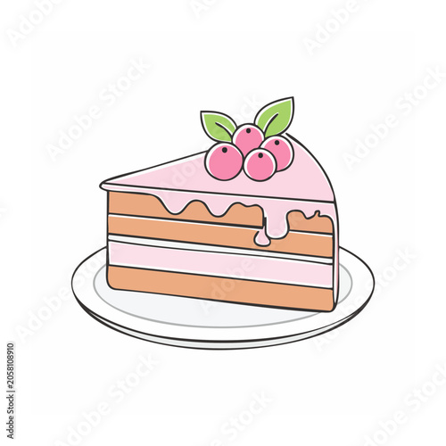 Pink Layer Cake Slice with Berries Flat Illustration