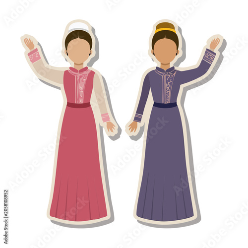 Two Women in Traditional Folk Costumes Waving