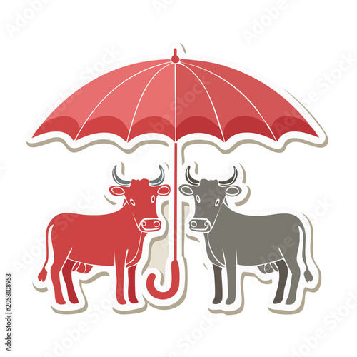 Two Cows Standing Under a Red Umbrella Illustration