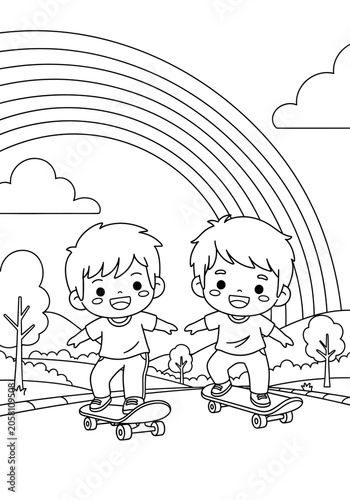 Two children skateboarding under a colorful rainbow.