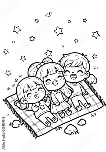 Three children enjoying a picnic under the stars.