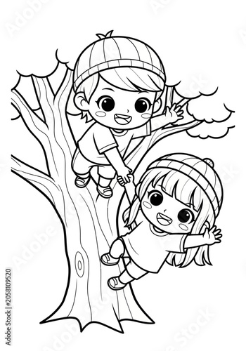Two cartoon children climbing a tree together.