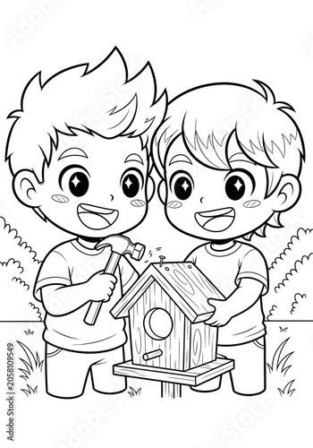 Two children building a birdhouse together outdoors.
