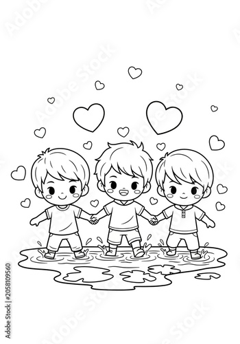Three children holding hands in puddle with hearts above.
