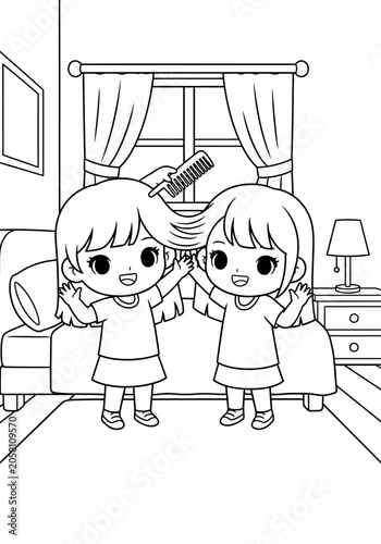 Two girls brushing hair in a cozy bedroom scene.