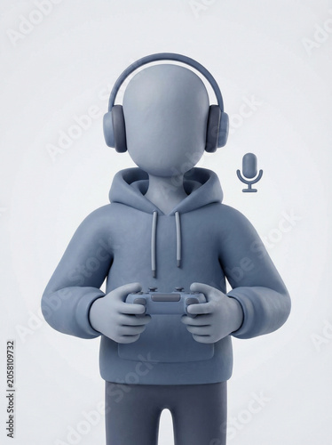 Modern 3D rendered avatar engaged in immersive online gaming, wearing comfortable headphones and holding a controller, with a visible microphone icon for active voice communication