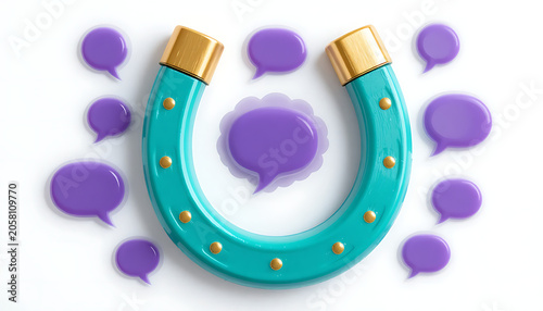 A teal horseshoe with gold accents and purple speech bubbles isolated on white background