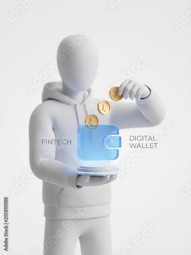 3D render of a figure depositing gold coins into a glowing digital wallet, symbolizing financial technology, online payments, and digital currency evolution