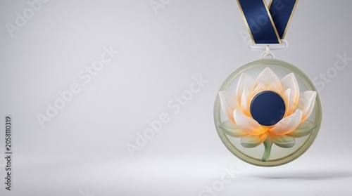 Medal with lotus flower and navy ribbon award for achievement or victory