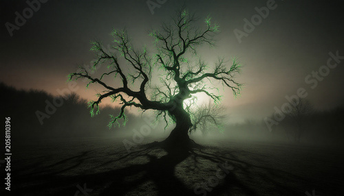 Gloomy Misty Landscape with Glowing Tree at Dusk