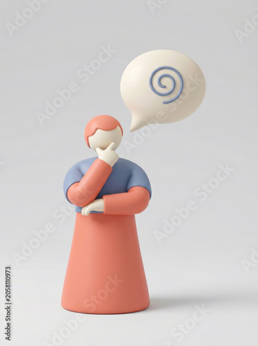 A minimalist 3D character deeply engrossed in thought, featuring a swirling icon within a speech bubble, symbolizing confusion, problem-solving, or contemplation
