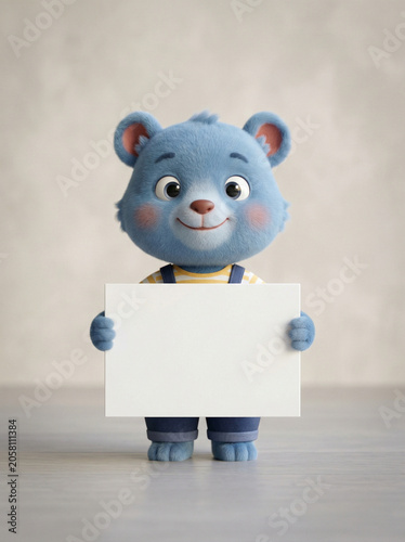 Charming blue cartoon bear character standing upright and cheerfully holding a blank white message board, ready for personalized text or a custom announcement