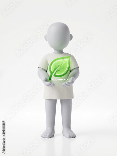 A symbolic 3D character with a vibrant green leaf logo on its t-shirt, embodying the concept of sustainability, environmental protection, and a commitment to ecological living for a greener future