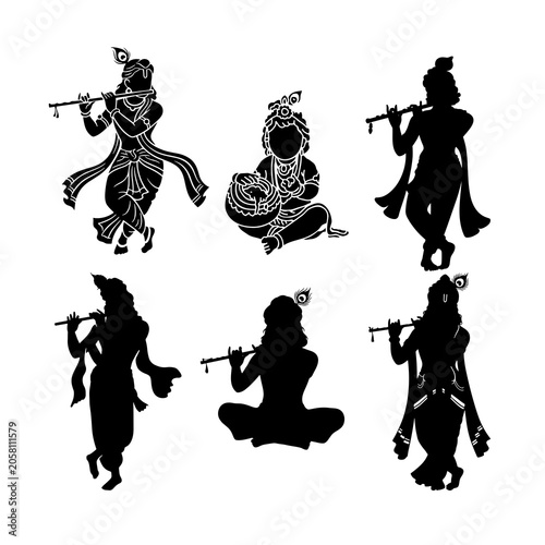 Tableau sur toile Lord Krishna Silhouette Set, 6 Poses with Flute, Vector Illustration`