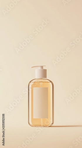 Minimalist Clear Pump Bottle Mockup with Blank Label on Beige Background - Ideal for Product Display and Branding