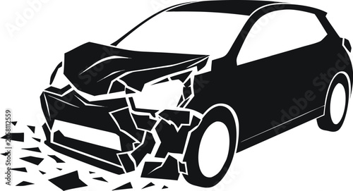 Cuadro en lienzo Damaged car, crashed vehicle, broken windshield, smashed bumper, black silhouett