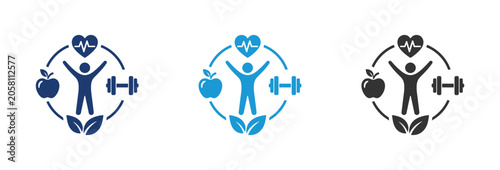Bild auf Leinwand A set of three vector icons representing healthy lifestyle wellness fitness nutr