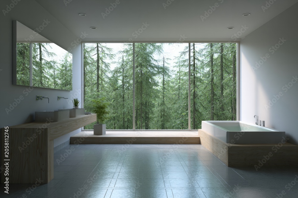 Fototapeta premium Modern bathroom interior features floor to ceiling window overlooking dense forest scenery