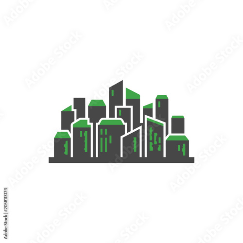 Bild auf Leinwand Green accented modern city skyline icon with stylized buildings.