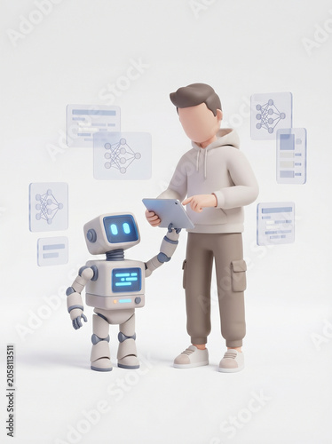 Human-robot partnership for AI development in 3D. Illustrates machine learning, programming, and innovative artificial intelligence technology solutions