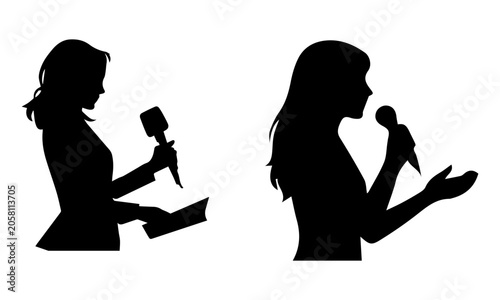 Quadro em tela Woman reporter with microphone and speaker silhouette icon set, journalism and p