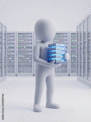 A stylized figure carefully transports essential server units within a modern data center, illustrating the diligent work of IT professionals managing critical digital information infrastructure