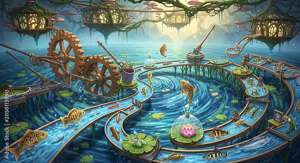 Obraz premium Fantasy steampunk fish farm with mechanical gears and water channels