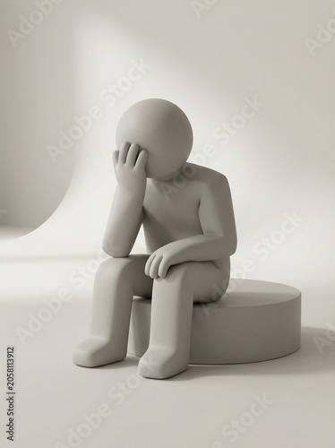 A minimalist, monochrome human figure with head in hands, deeply conveying despair, sadness, emotional struggle, and the quiet weight of mental distress