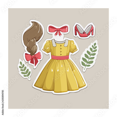 Yellow dress with accessories flat illustration