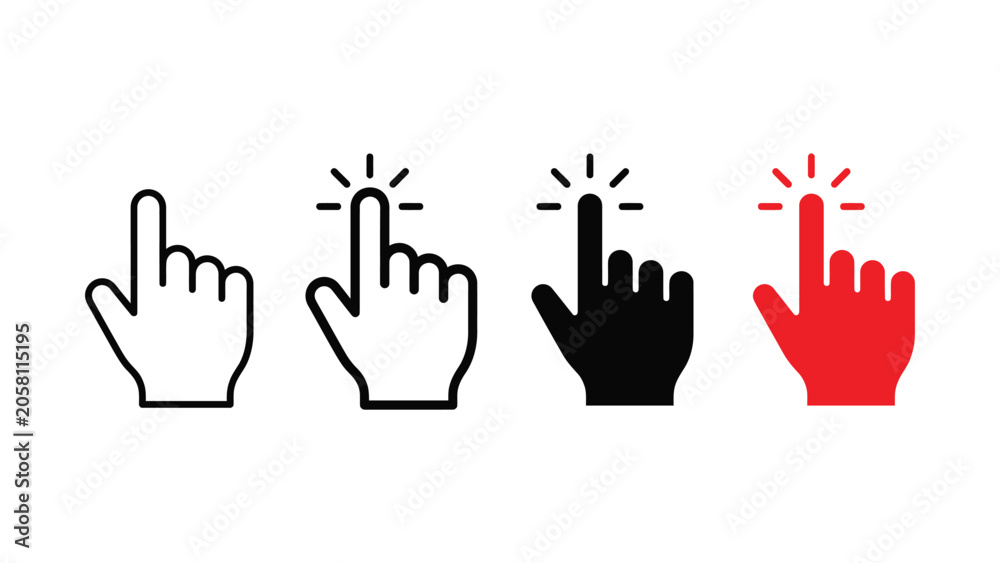 Fototapeta premium Set of hand cursor click icons in outline and solid styles for web interface design user interaction
