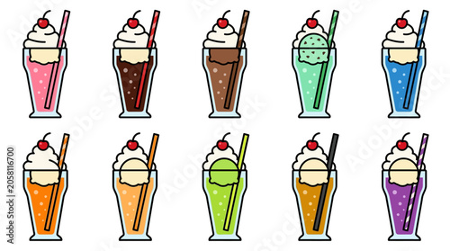Milkshake and soda float vector icons with whipped cream and cherries.
