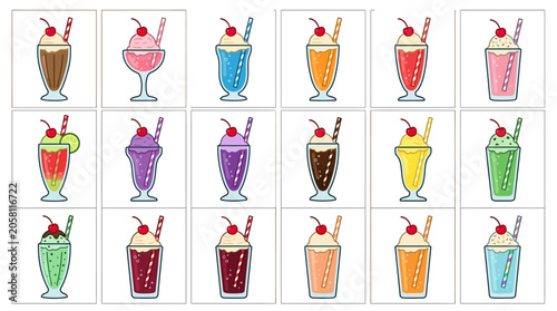 Colorful dessert drinks cartoon vector set: various milkshakes, sundaes, and iced beverages isolated on white.