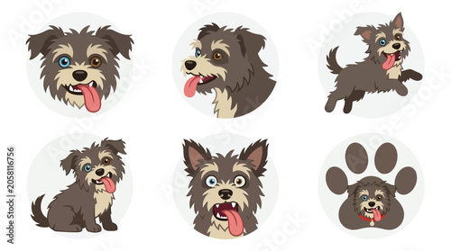 Cartoon scruffy dog with different colored eyes and tongue out. Funny terrier mutt vector illustration sitting.