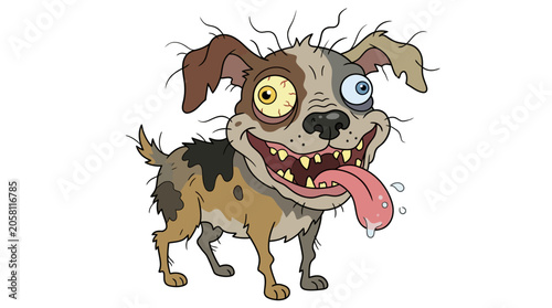 Cartoon scruffy dog vector illustration, cute pet with messy fur on white.