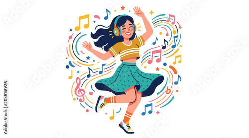 Vibrant vector illustration of person dancing with musical notes and colorful artistic elements, celebrating joy and music.