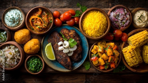 Assorted Colombian Caribbean and Central American food on wooden table with colorful ingredients, clean composition, authentic cultural cuisine concept.