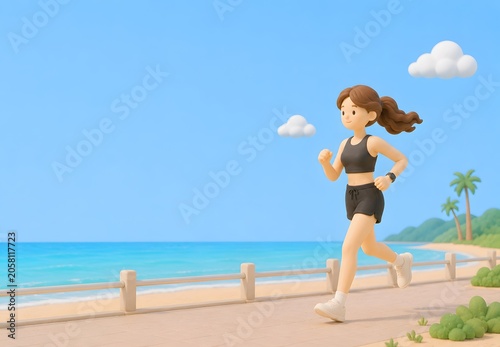 해변 산책로를 달리는 여성 러너 3D 클레이 일러스트 Generating AI