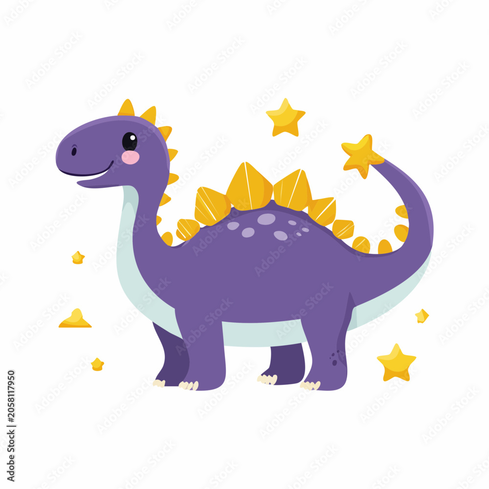 Naklejka premium Cute Purple Dinosaur with Yellow Spikes and Stars
